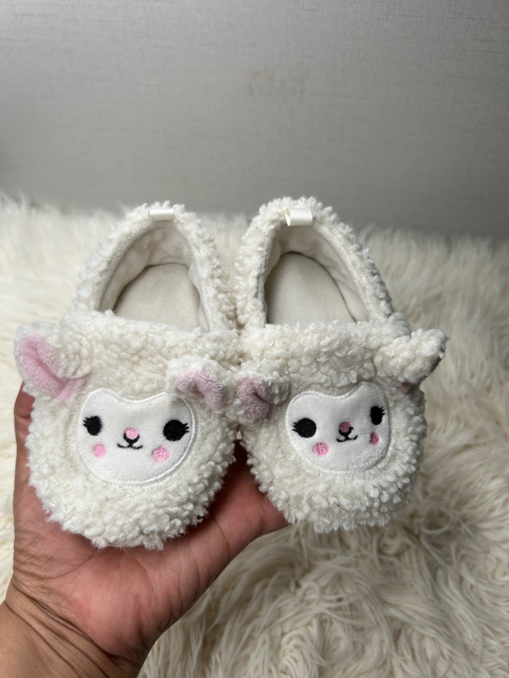 wonder nation Cream Lamb Plush Baby Slippers with Pink Accents